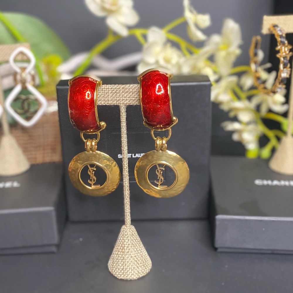 NEW YSL TWO-TONED CLIP ON GOLD PLATED RED LARGE EARRINGS